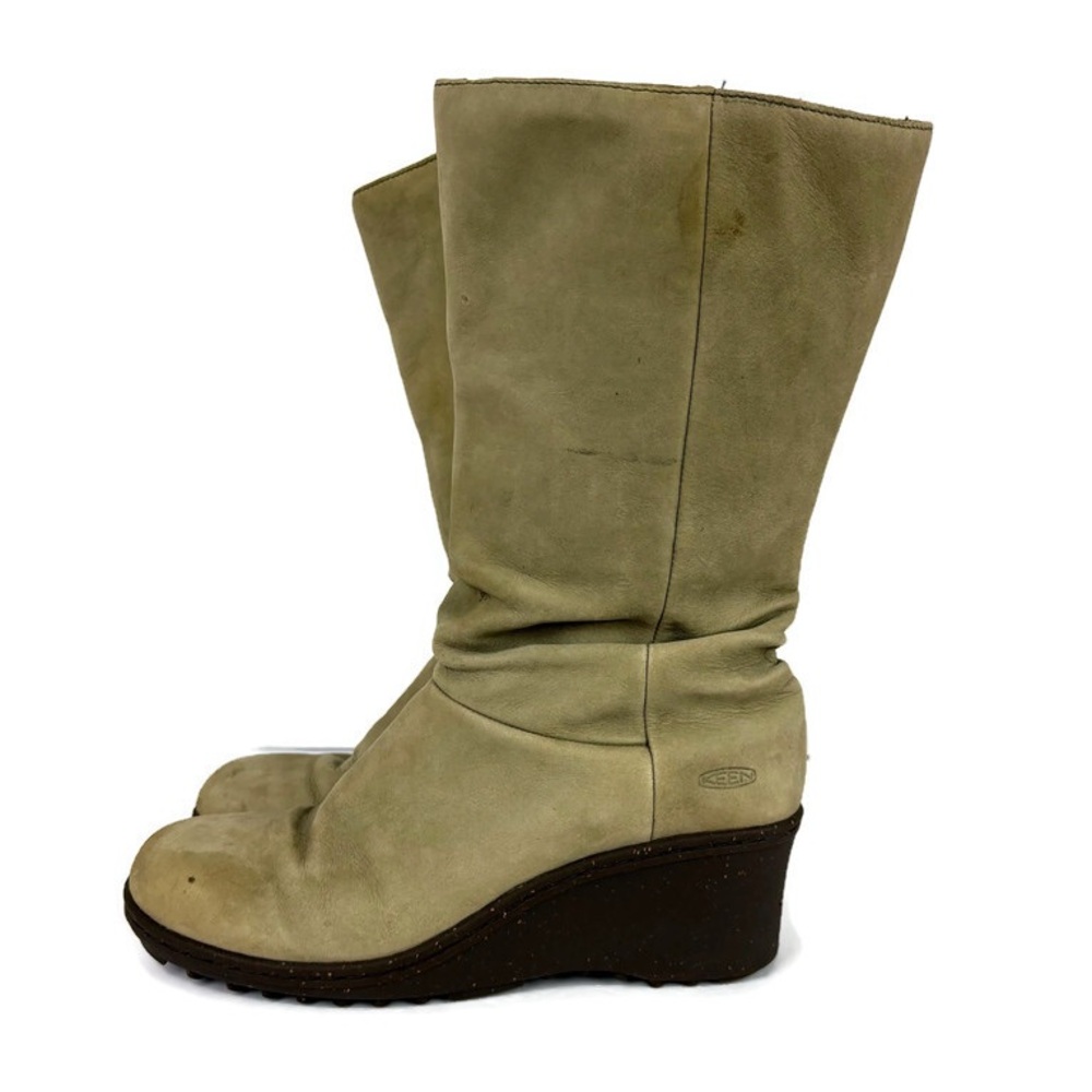 Keen Akita Leather Mid Calf Slouchy Wedge Pull On Boots in Light Green